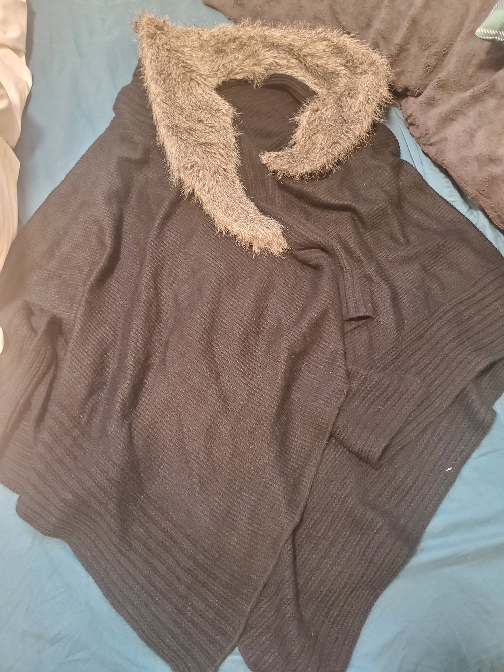 Black Knit Poncho with Taupe Faux-Fur Collar